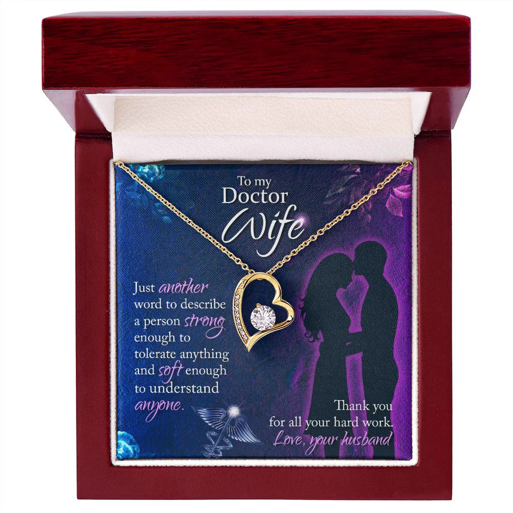 Doctor Wife Another Word Forever Love CZ Heart Necklace Yellow Gold Luxury Box
